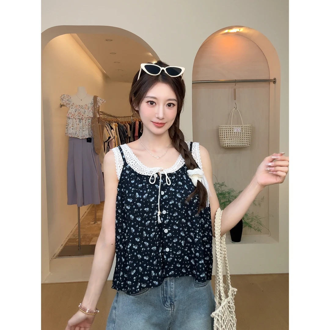 【葡萄果酱】东大门韩国原单夏款洋气碎花镂空拼接假两件吊带2971