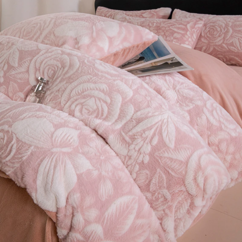牛奶绒四件套双面高克重仿兔毛绒雕花法兰绒冬季保暖加厚被套床单