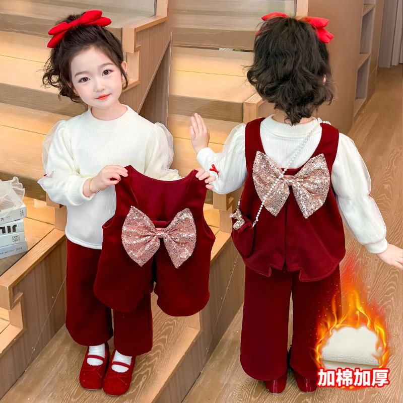 女童加绒套装冬季2025新款拜年服女孩宝宝过年衣服喜庆儿童三件套