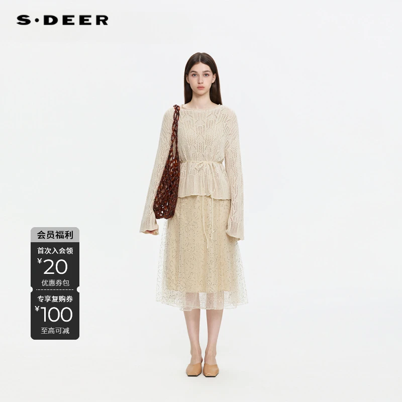 S·DEER圣迪奥蕾丝气质长袖针织轻奢时尚两件套连衣裙S253Z1411
