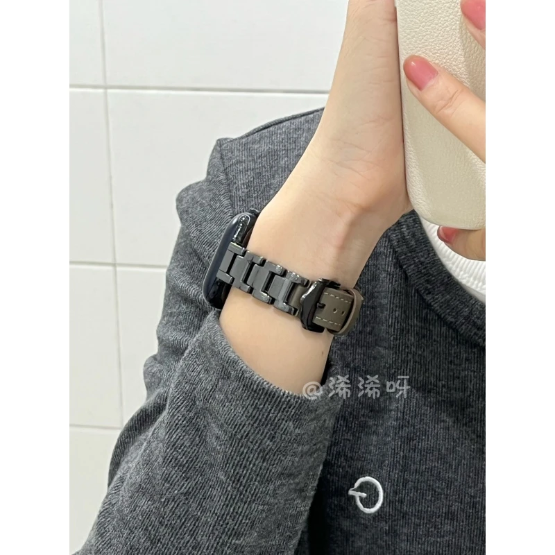 陶瓷拼皮适用苹果手表带AppleWatchS9潮流iwatch10高级感金属表带