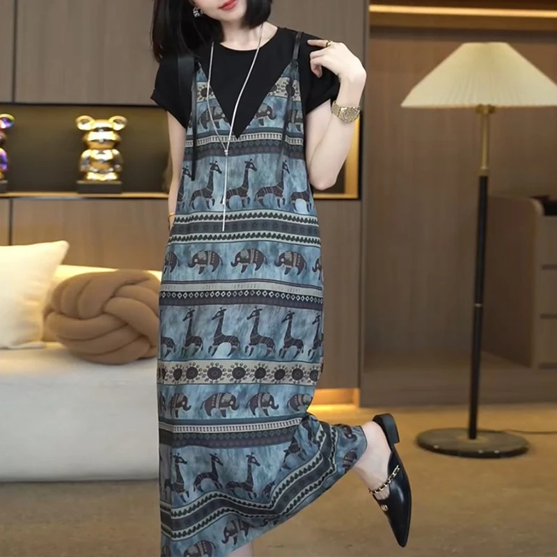 韩版松弛感民族风假两件连衣裙女夏季2025新款宽松显瘦休闲T恤裙