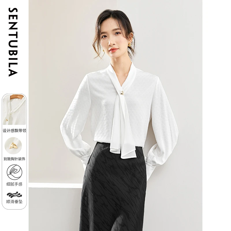 尚都比拉日常轻熟女人韵味知性金属胸针装饰飘带领雪纺衫53328
