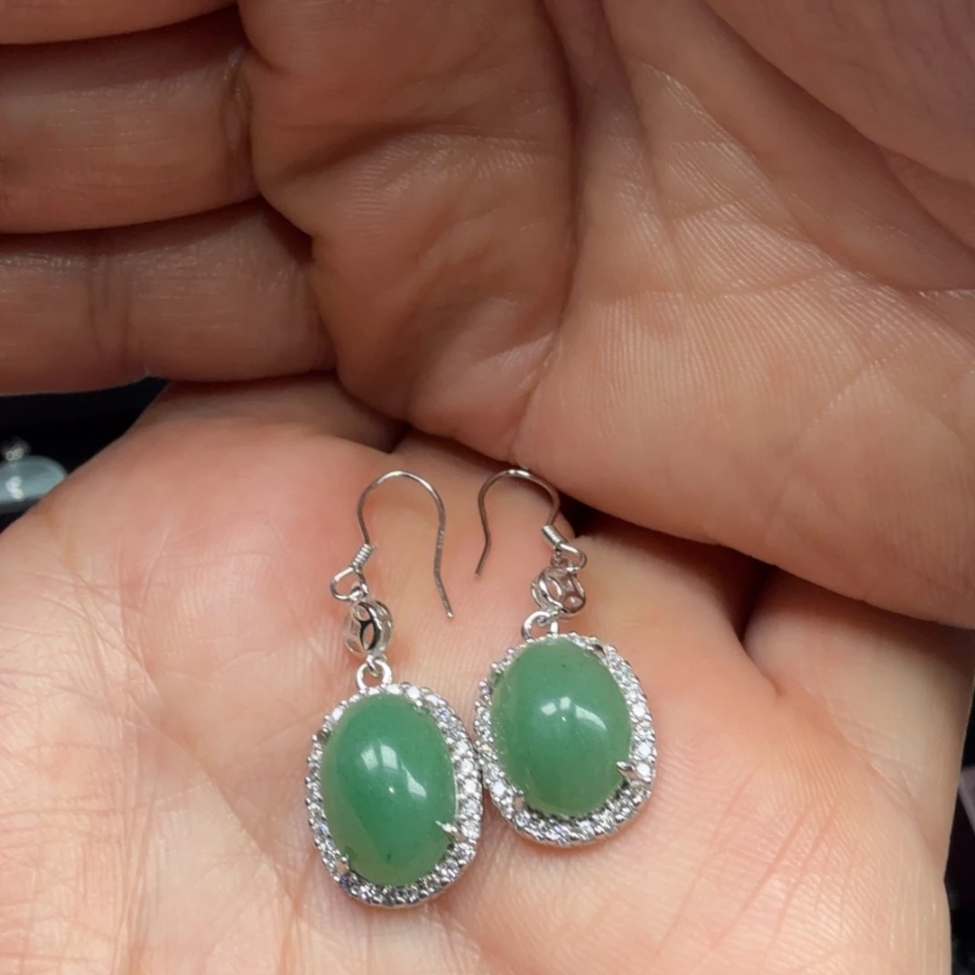 石英质玉（非洲翠）银S925镀金镶嵌耳坠天然密玉耳坠