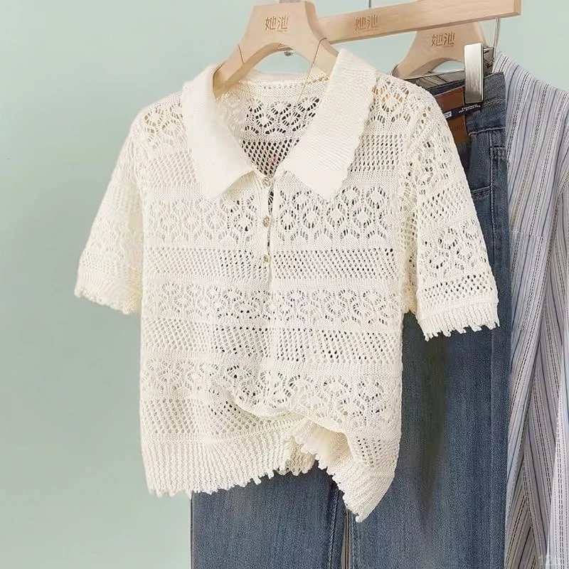 法式钩花小众甜美风设计感冰丝针织t恤女2025夏季翻领别致上衣潮