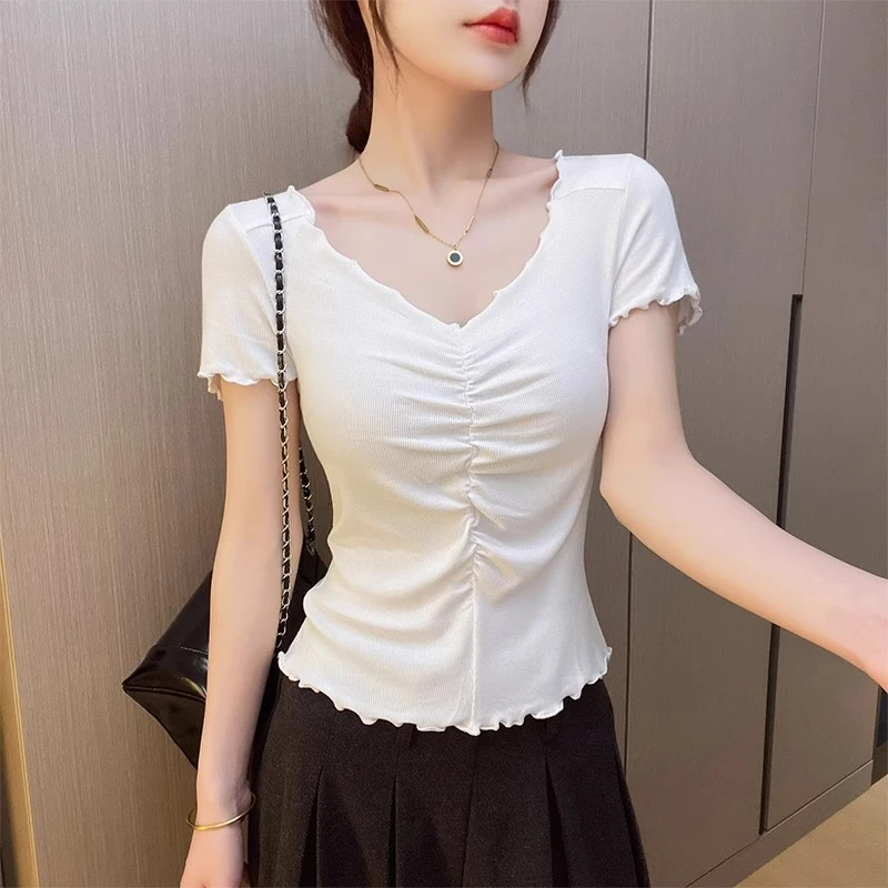 夏季短袖t恤女2025新款v领褶皱洋气打底小众设计感体恤半袖上衣
