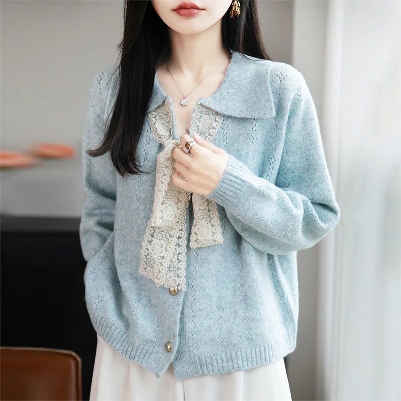 哥弟阿玛施官方新款翻领飘带针织开衫2025秋季时尚洋气显瘦长袖女