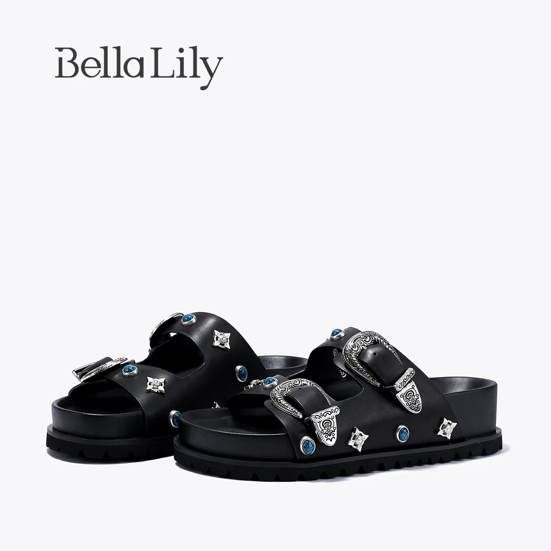 BellaLily2025夏季新款潮酷厚底一字拖鞋复古个性休闲外穿拖鞋女