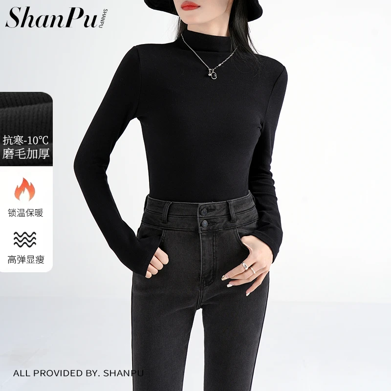 珊璞黑色半高领螺纹打底衫女内搭秋冬新款修身显瘦磨毛长袖t恤女