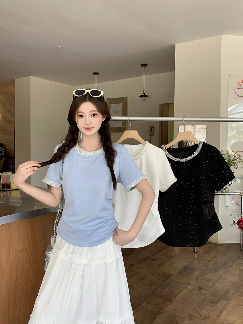 2025夏装新款胖mm大码女甜美重工钉珠亮闪闪收腰弧形短袖T恤A1398