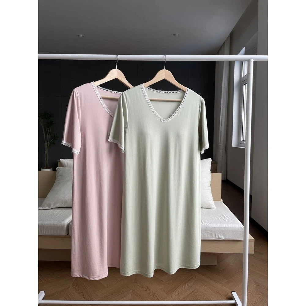 慵懒裸感·蕾丝边V领短袖胸垫睡裙3548