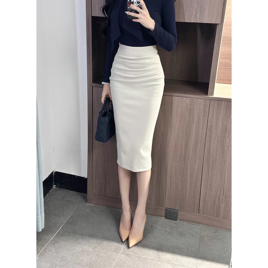 黑色显瘦半身裙女春夏时尚修身褶皱遮肚高腰中长款包臀裙