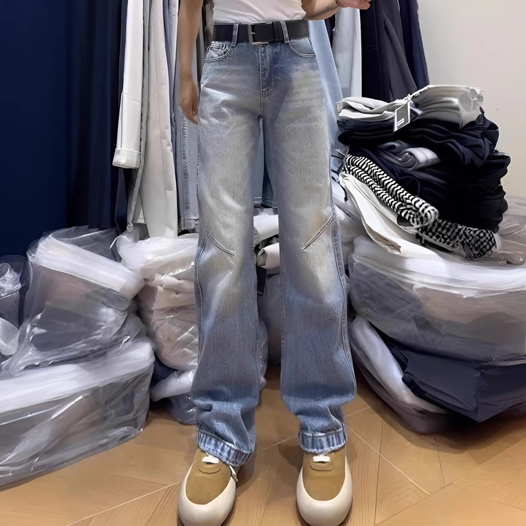 大码百搭高腰弹力窄版直筒牛仔裤春季新款遮胯显瘦复古宽松阔腿裤