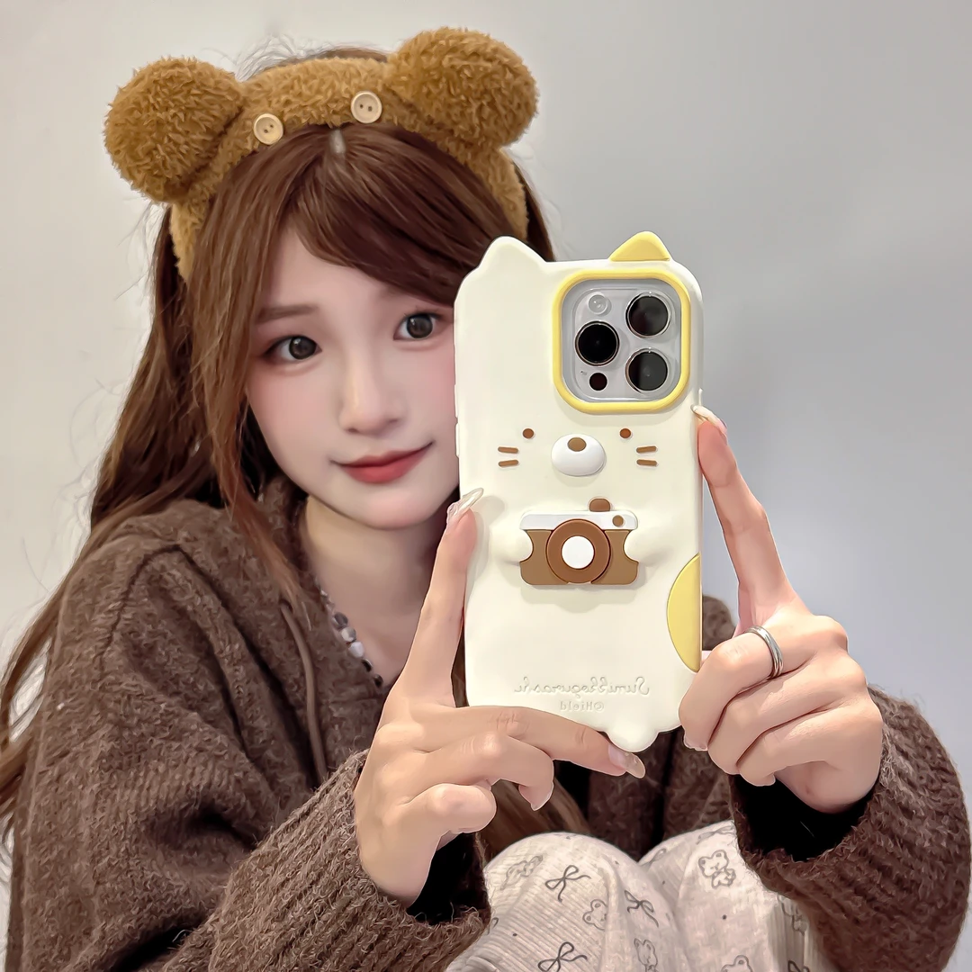 【苹果】卡通相机猫咪硅胶手机壳适用苹果iphone16promax15一体