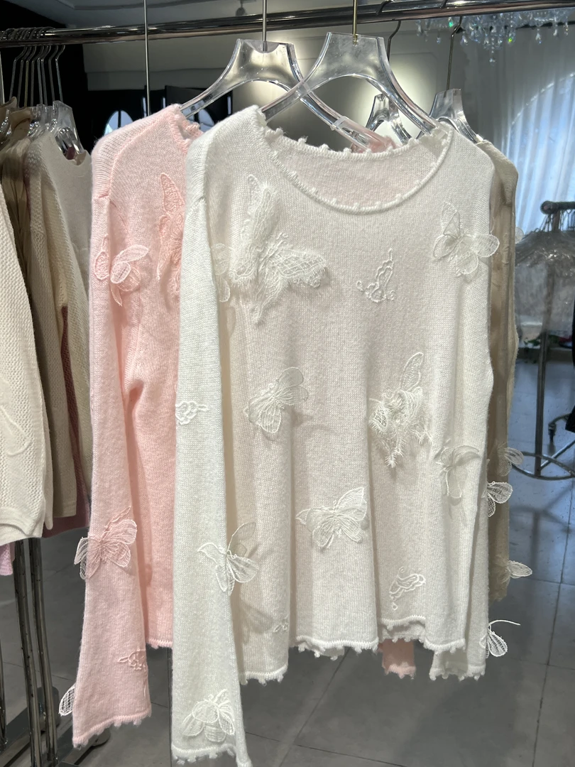 高品质轻奢女装立体蝴蝶慵懒圆领针织打底衫