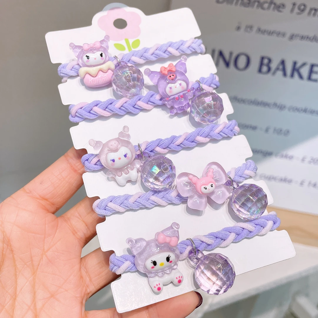 A-6397  d 混色5个夜光紫库蝴蝶结珠珠双配件不伤发编织头绳 发圈