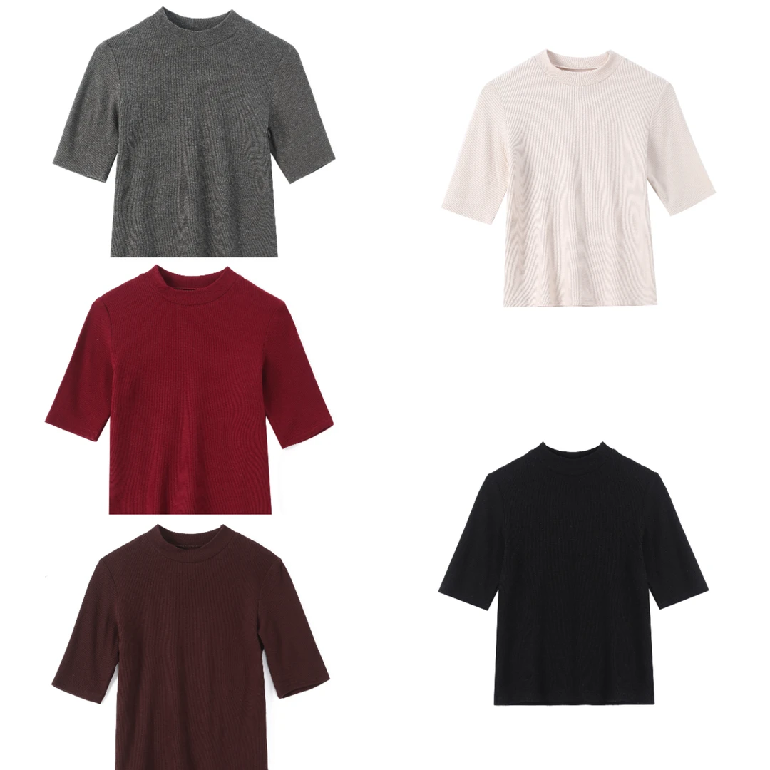 【螺纹醋酸羊毛半暖T】2025春法国螺纹小立领中袖基础款25101Q