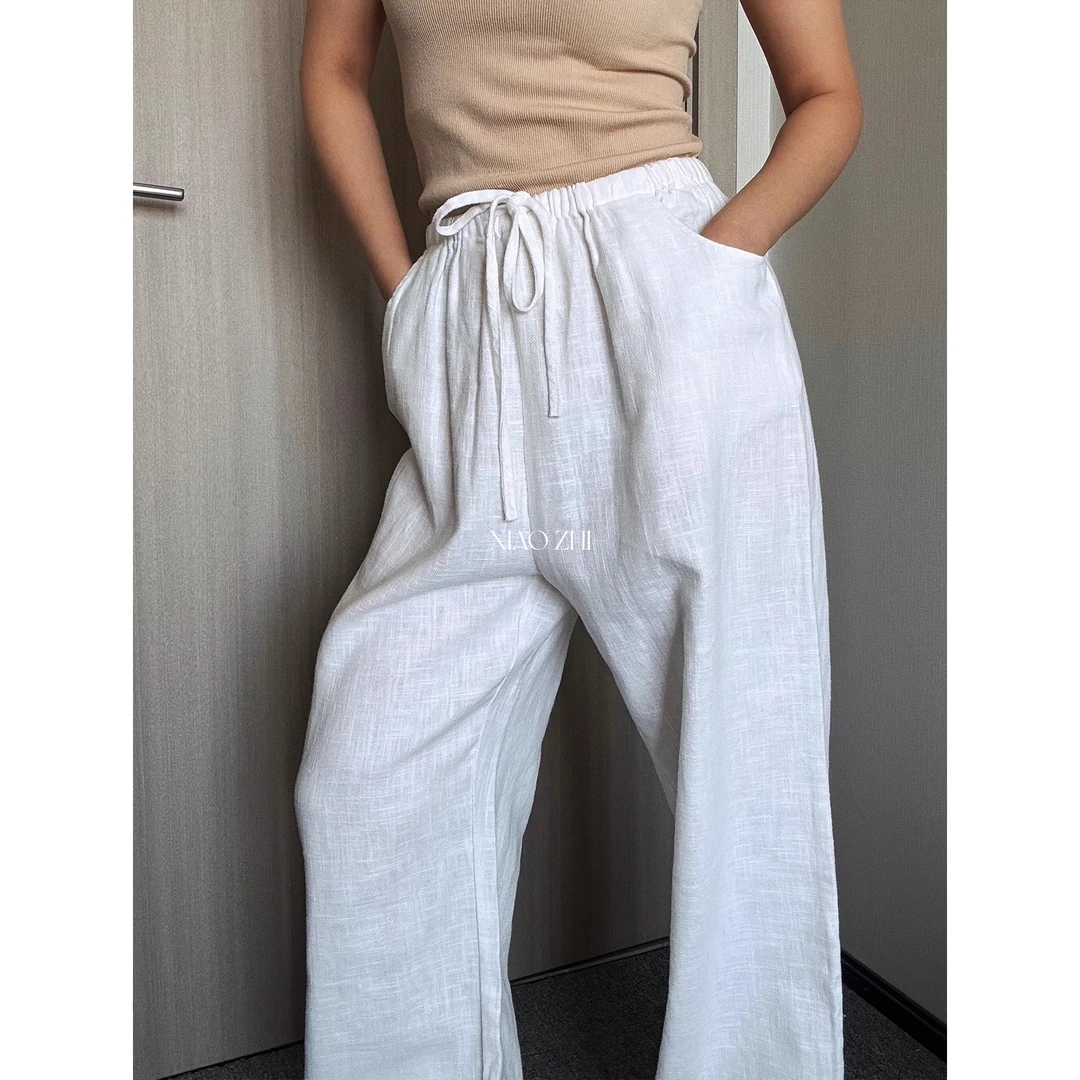 白色休闲裤女春夏新款慵懒感抽绳亚麻长裤垂感阔腿裤 YY8211