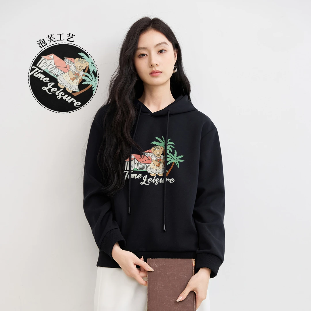 茵曼2025秋季新款宽松休闲连帽长袖卫衣可爱卡通印花外穿女士上衣