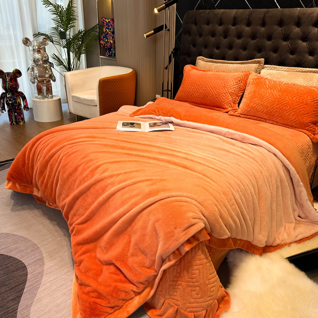 慧媄居年货节清仓-高端轻奢仿皮草金狐绒渐变加厚冬季床盖四件套