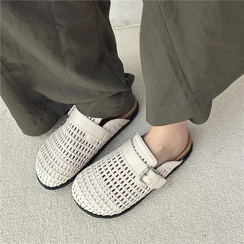 栢香妮BAHONGLY包头半拖鞋女2025夏季厚底防滑透气编织懒人凉拖鞋
