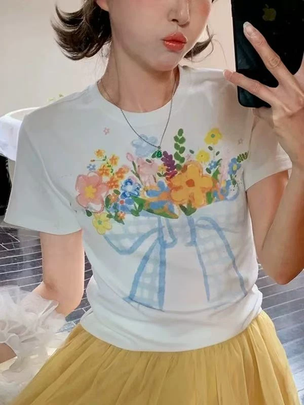 女装2025新款韩系正肩款元气夏天绝美漂亮小上衣白色花束印花T恤