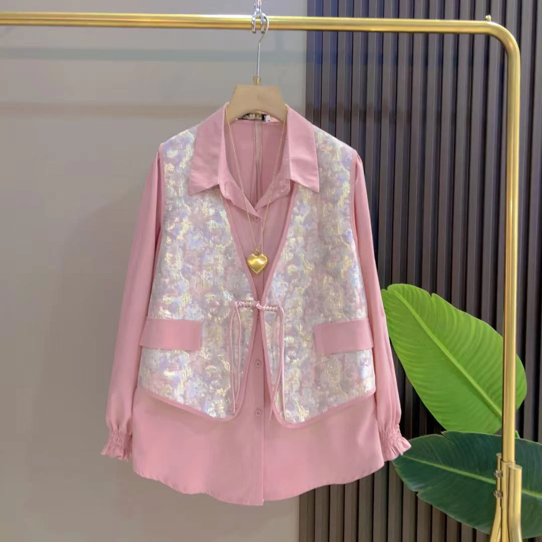 新中式盘扣马甲衬衫胖ＭＭ国风两件套大码百搭套装