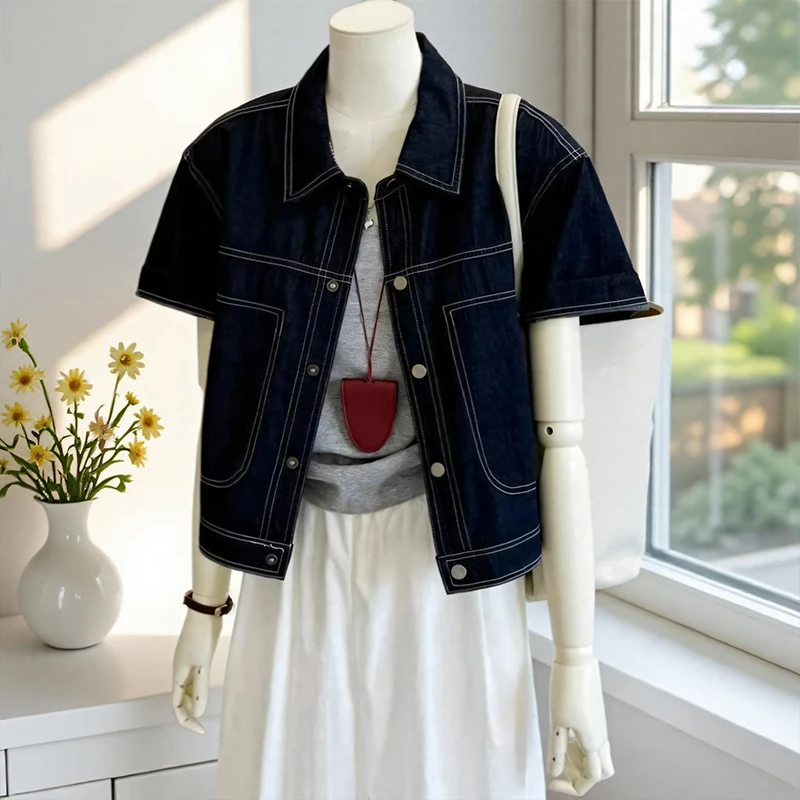 港风复古时尚短袖牛仔外套女夏季宽松休闲百搭翻领明线设计外搭女
