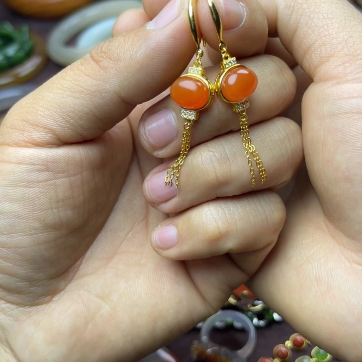 南红玛瑙耳饰银S925镀金镶嵌