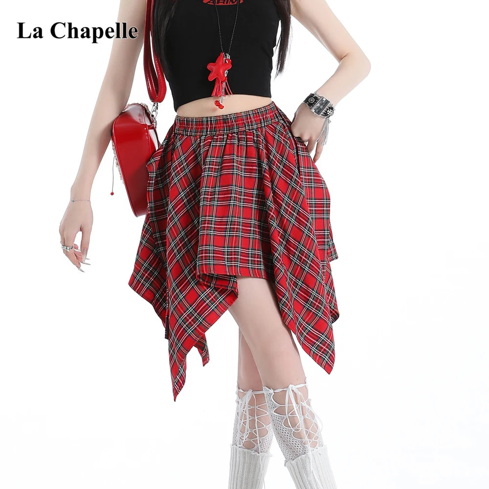 拉夏贝尔学院风格子假衬衫半身裙女2025夏季休闲百搭不规则短裙子