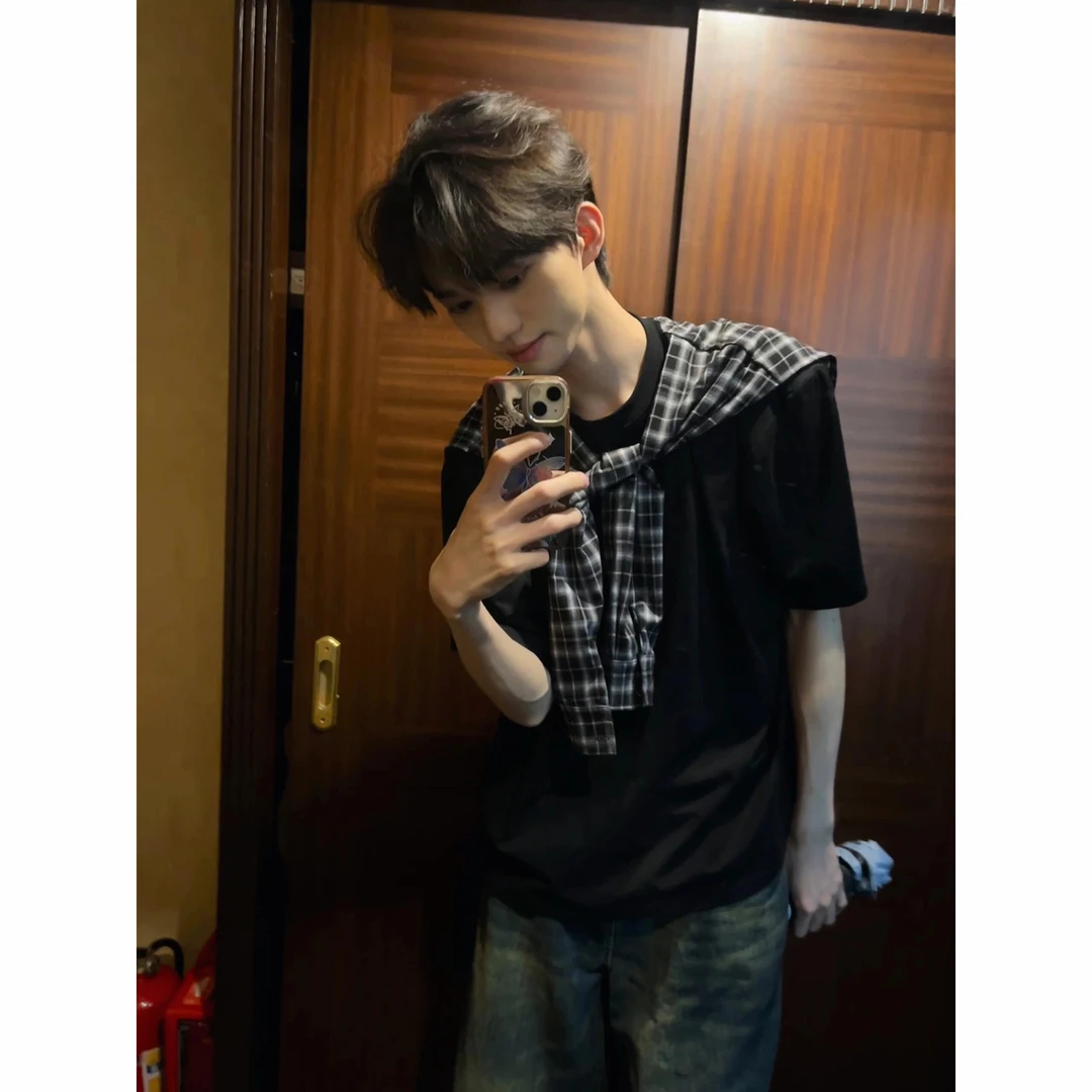 labzaa潮牌百搭假两件纯棉短袖T恤男女oversize宽松纯色情侣上衣