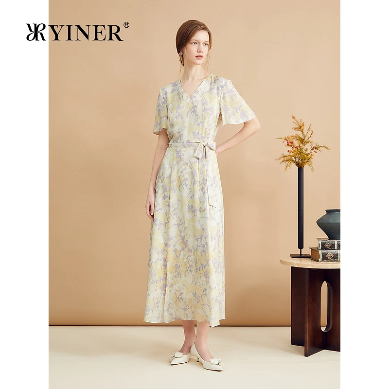 【木兰花系列】YINER音儿秋季优雅V领印花真丝连衣裙