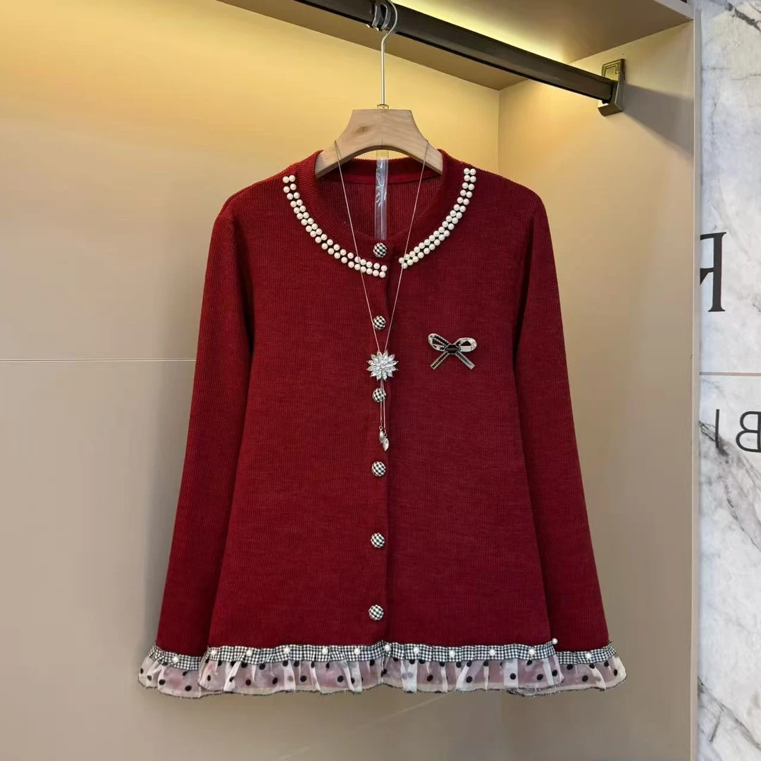 2025秋时尚欧货珍珠显瘦绝美木耳边拼接针织开衫胖m百搭上衣