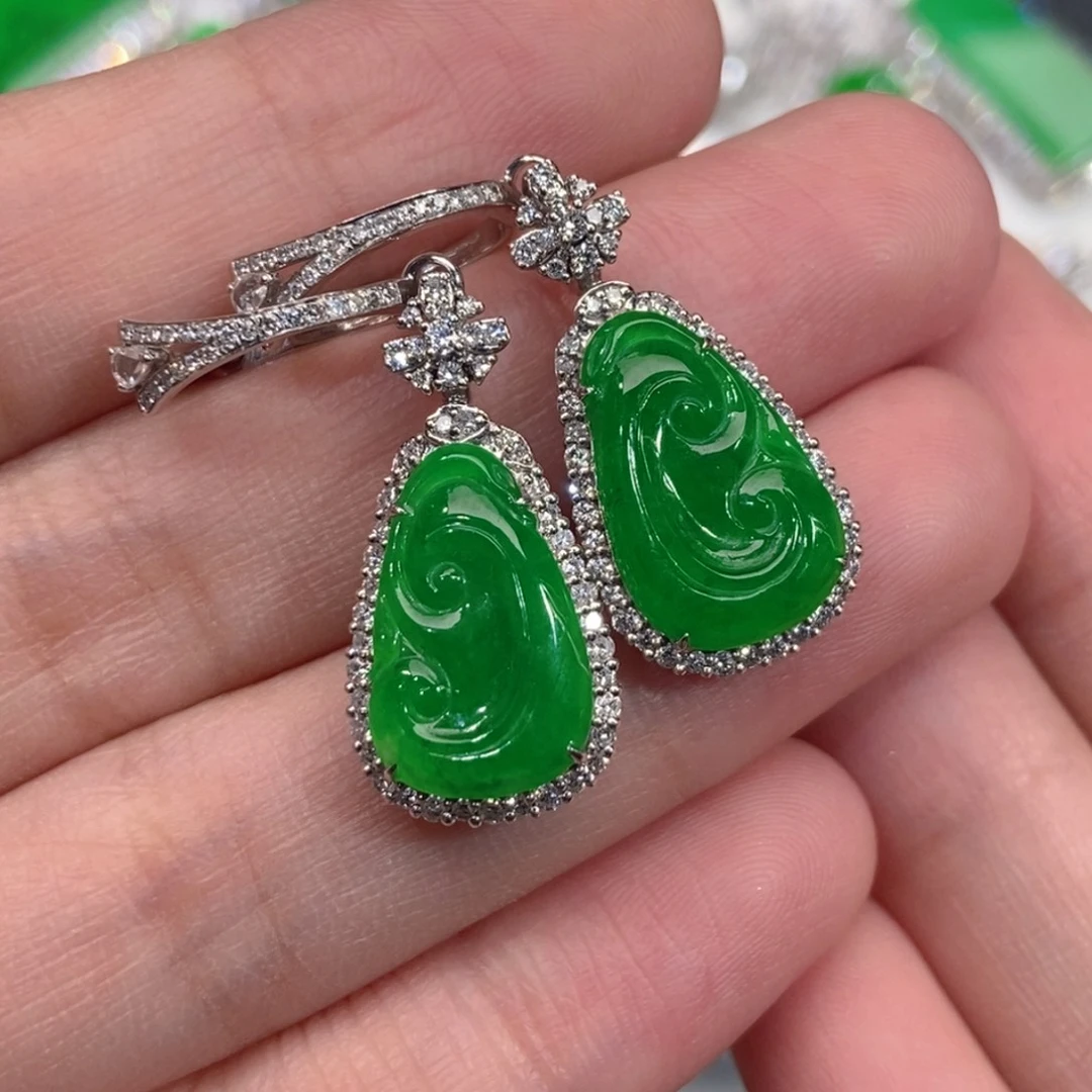 翡翠18K金镶嵌耳饰吊坠耳包两用款