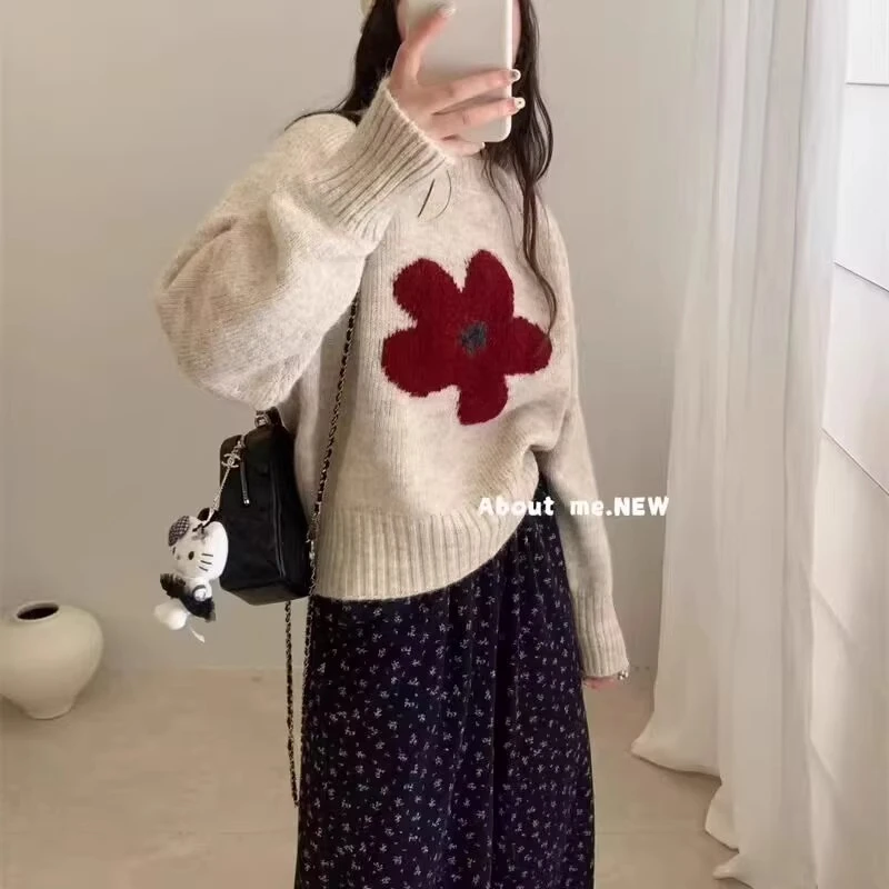软糯花朵提花毛衣女2025秋冬新款慵懒风宽松长袖针织衫打底外穿潮