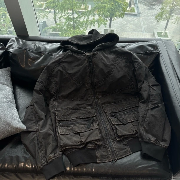 Mesoo打折款棉质重工洗水工艺工装多口袋廓形连帽外套6228