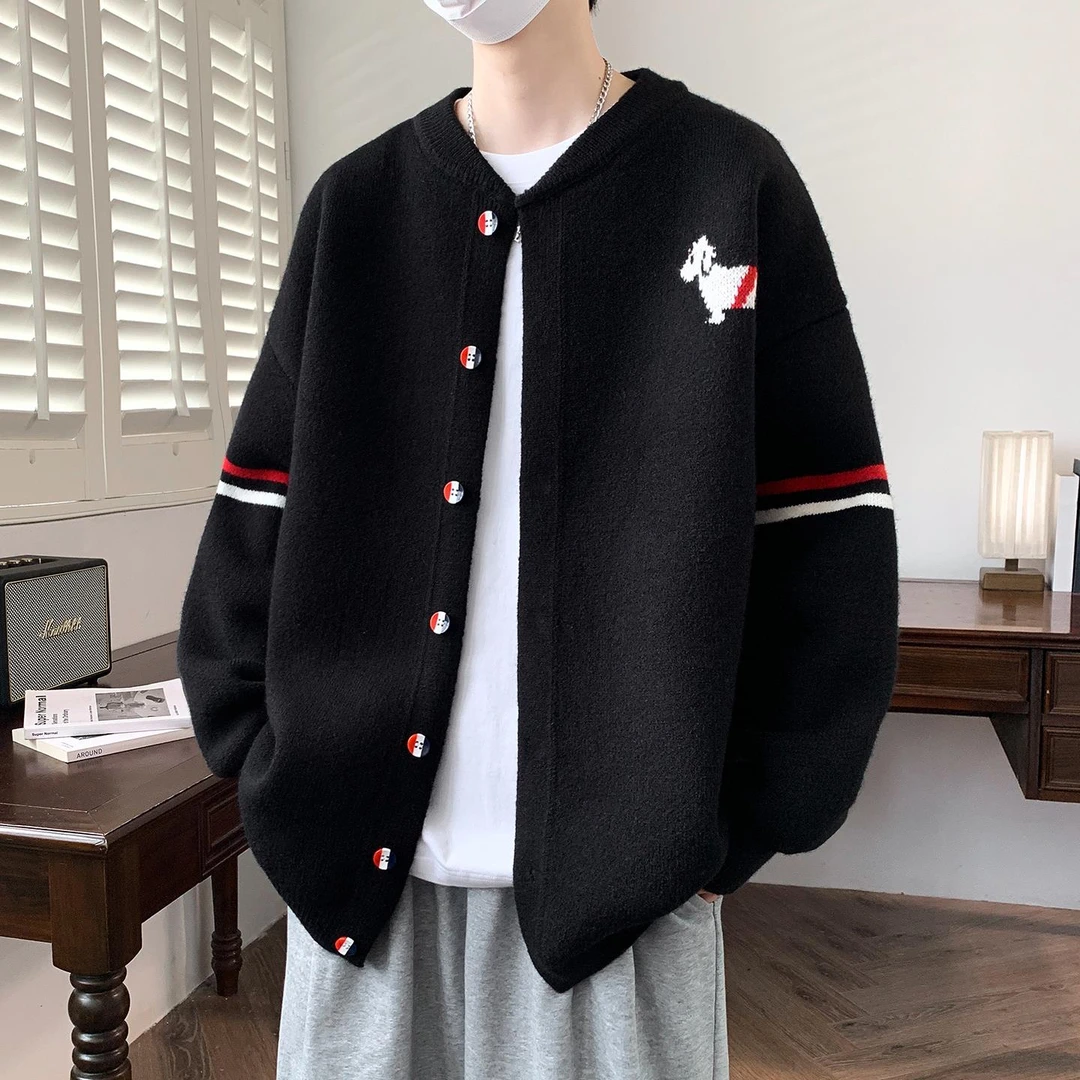 针织开衫外套男秋冬季宽松慵懒风棒球领毛衣青少年动物卡通毛线衣