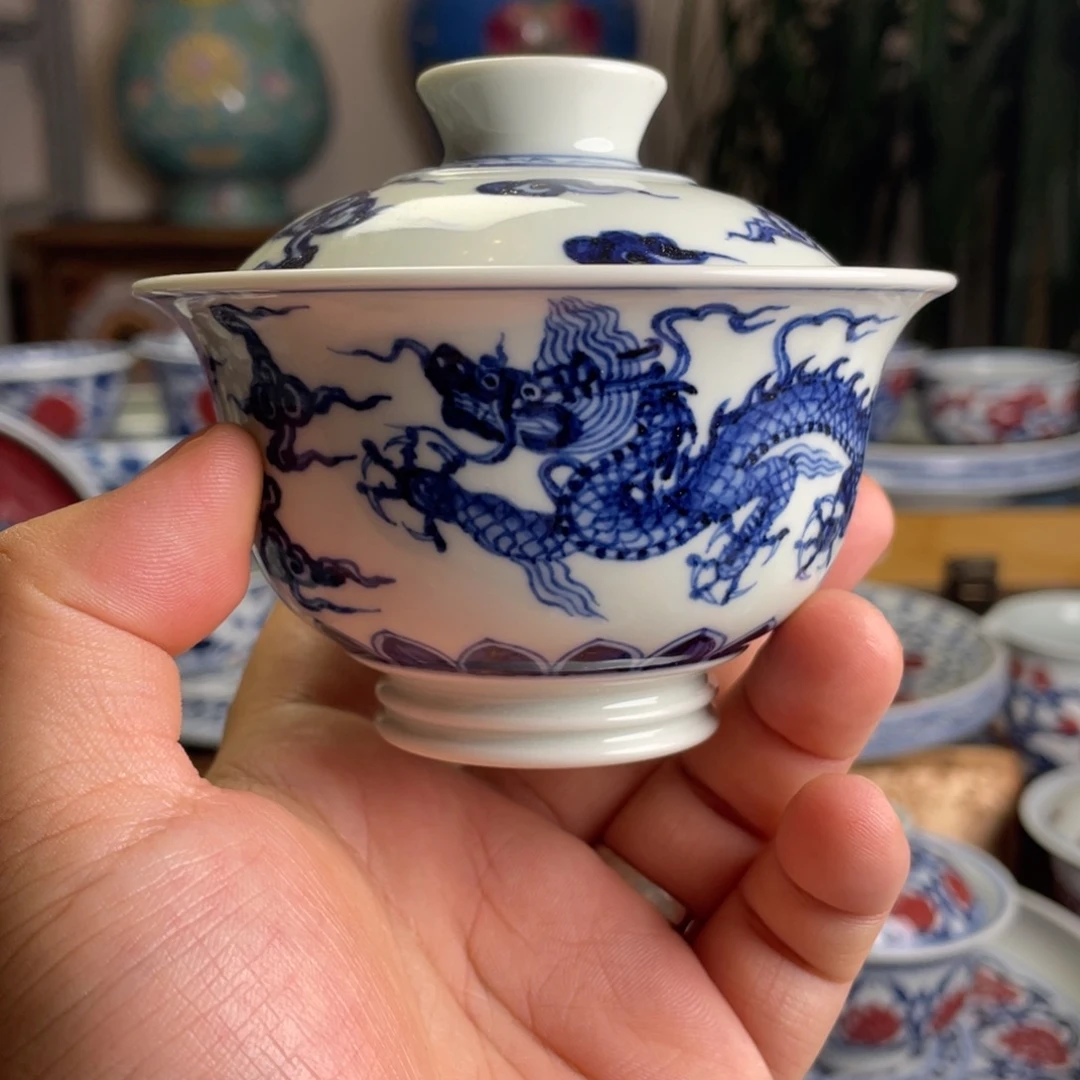 青花仿明双龙盖碗