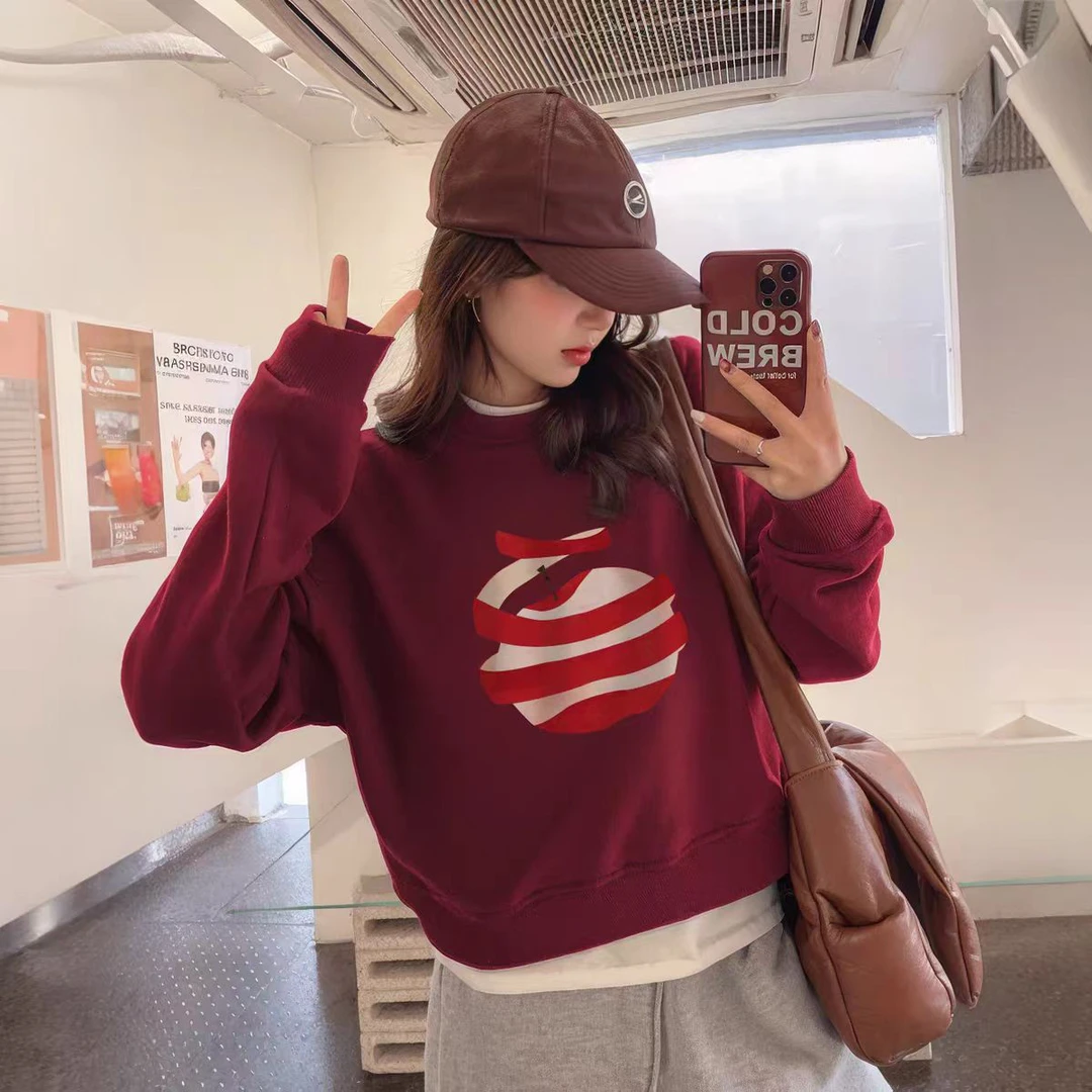 巨好看的酒红色短款圆领卫衣女2025新款小个子秋冬季加绒加厚上衣