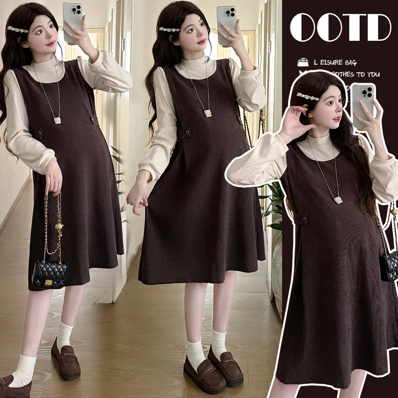 孕妇连衣裙秋季气质高级感2025新款小个子假两件洋气显瘦遮肚裙子