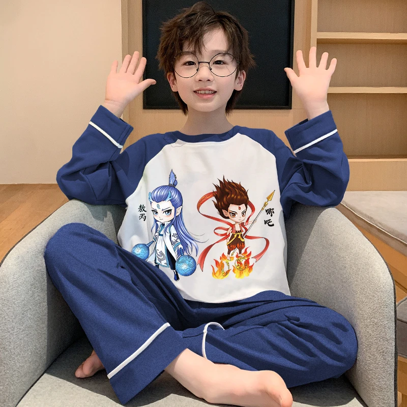 儿童睡衣男童夏季长袖春秋纯棉秋季全棉敖丙哪吒套装童男孩家居服
