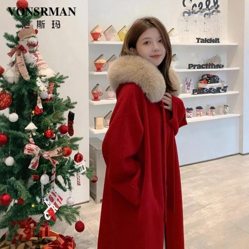 时尚红色双面呢大衣女2025冬季新款中长版连帽过膝加厚毛呢外套潮