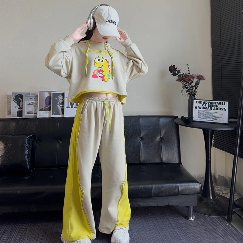 女童卡通卫衣2025春秋新款韩系两件套初中生时尚洋气休闲直筒裤子