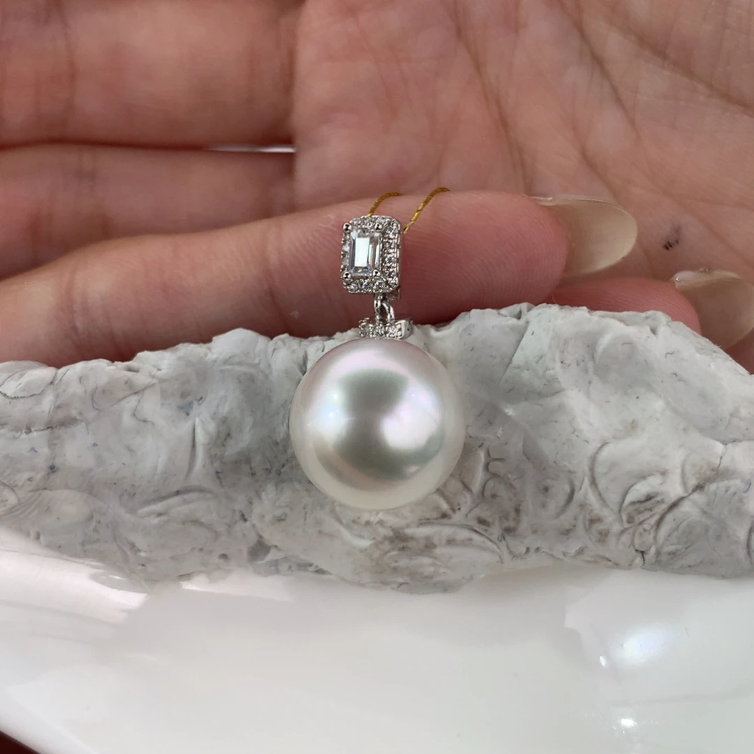 定制海水珍珠吊坠(不含链)银S925镶嵌澳白冷白光13-14mm