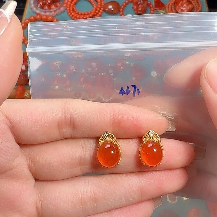 南红玛瑙银S925镶嵌耳饰
