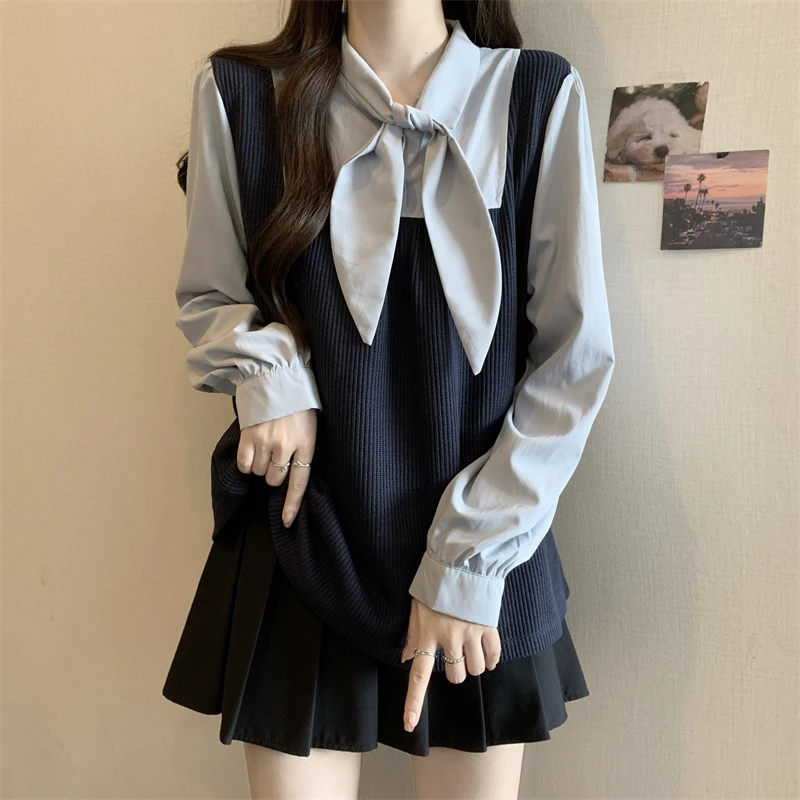 大码女装遮肚子法式蝴蝶结长袖衬衫女秋冬胖mm显瘦洋气假两件上衣