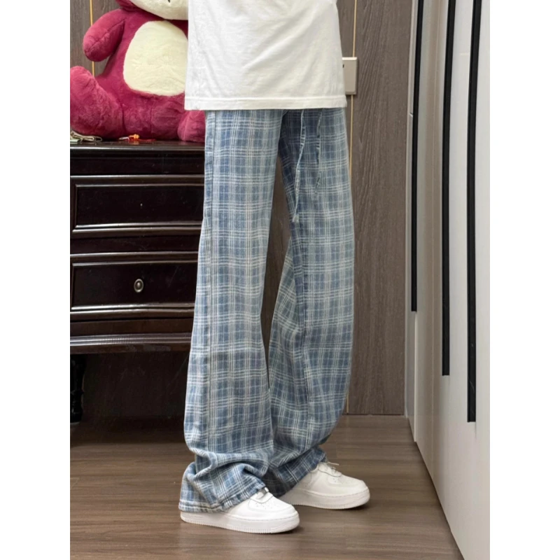 蓝色格子牛仔裤男春秋季美式高街水洗弯刀裤子cleanfit微喇直筒裤