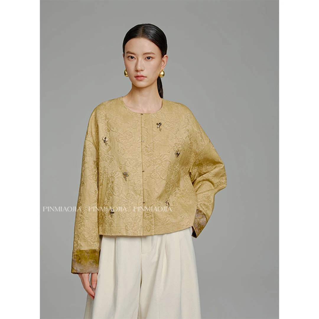 品妙家【自然】丝绵麻桑蚕丝亚麻棉立体提花女款中式外套圆领秋钉钻