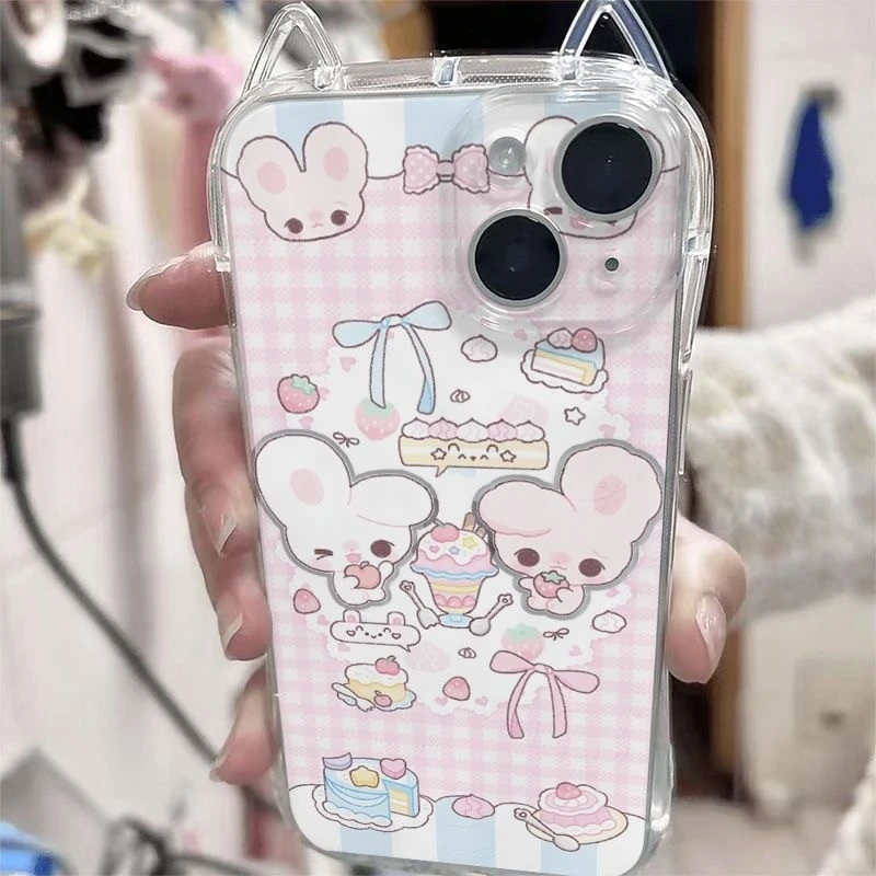 适用甜品双子兔猫耳朵苹果16Pro手机壳iPhone15小蛮腰14/13保护套