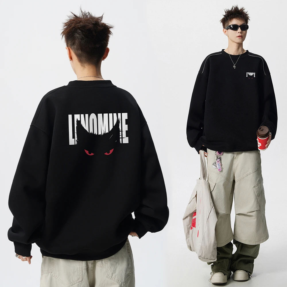 重磅设计感加绒加厚圆领卫衣男秋季美式恶魔字母日系T恤男装长袖